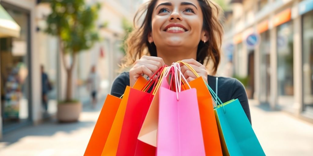 Person holding shopping bags, smiling