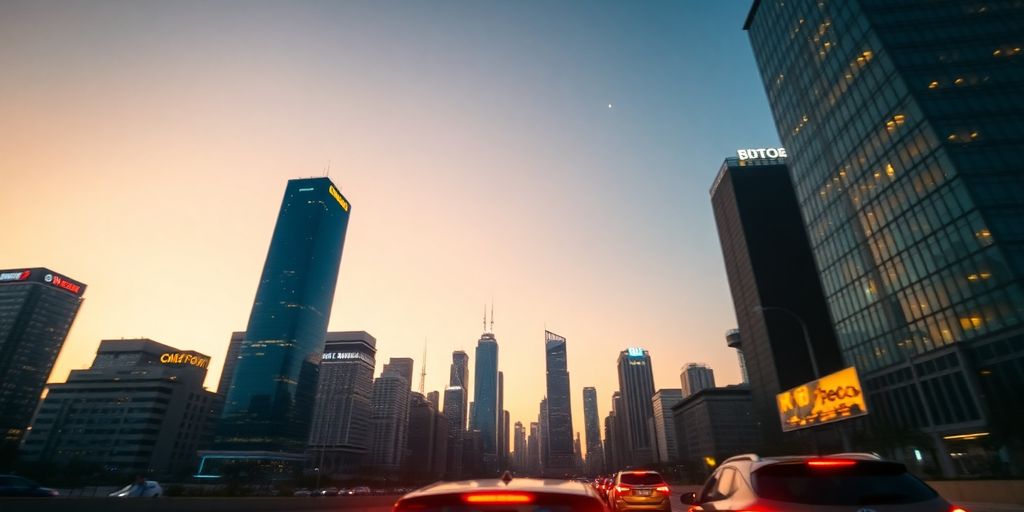 Global cityscape, vibrant, economic growth