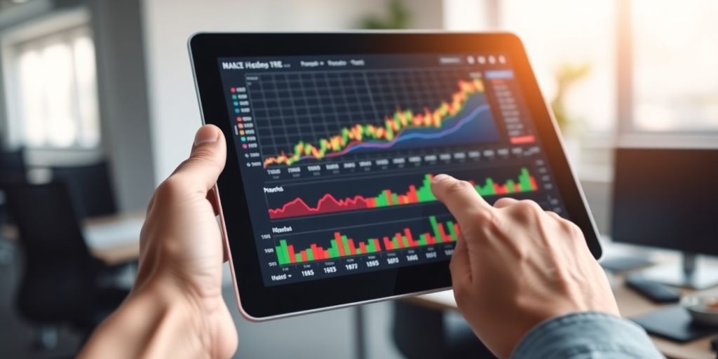 Financial graphs on a digital tablet screen.