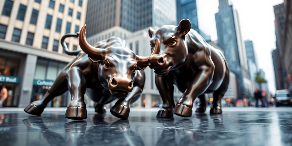 Bull and bear statues in a market setting.