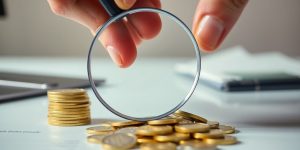 Hands holding a magnifying glass over coins.