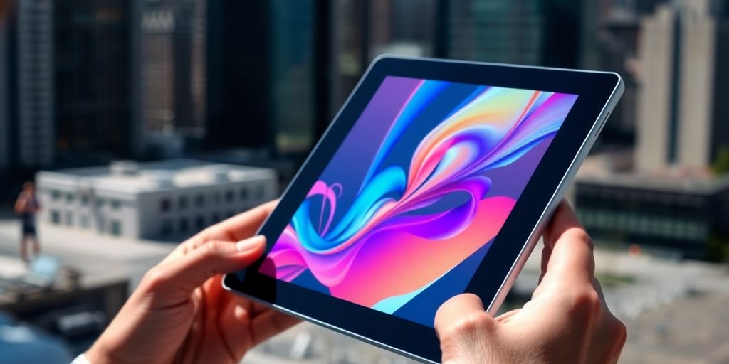 A person looking at a tablet with a city skyline.